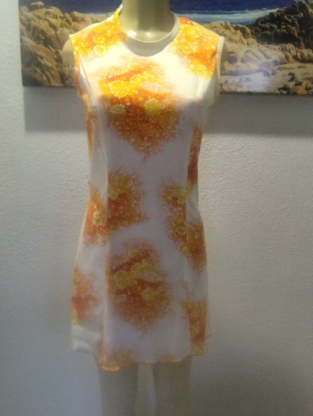 Hob- Nobber   Sleeveless White Shift Dress with Orange & Yellow Floral Clusters